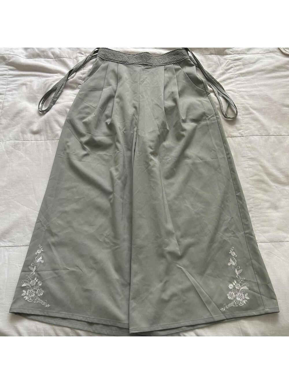 Axes Femme Sage Green Embroidered Wide Leg Suspender Pants Mori Kei Size M